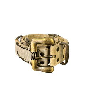 Leatherrock White Leather Brass Link Belt Western Womens Large Studs Distressed